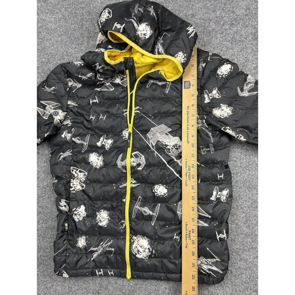Uniqlo Star Wars Jacket Kids 12 Black Hooded Puffer Full Zip Yellow Lining‎